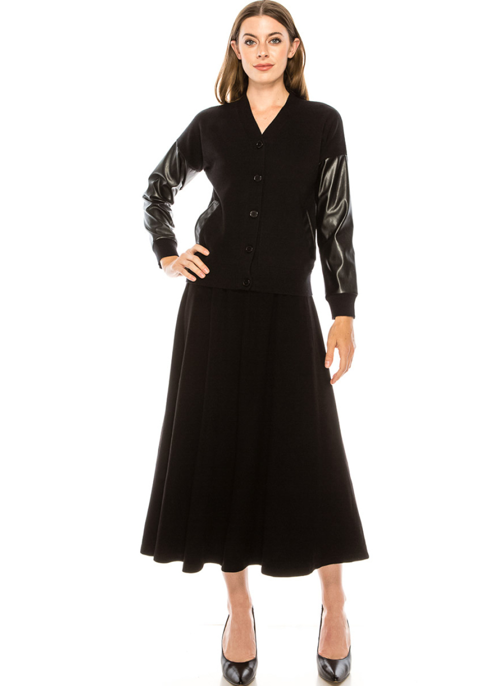 Black cardigan with leather sleeves | Modest Women Clothing - YAL